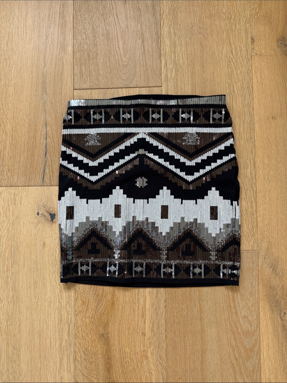 Express Sequin Geometric Mini Skirt in Black, Brown, and White